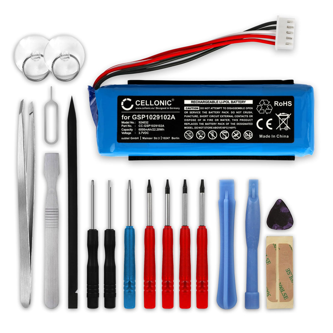 CELLONIC, Lautsprecherakku kompatibel mit JBL Charge 3 (6000mAh, 3.7V) + Werkzeug-Set Ersatzakku GSP