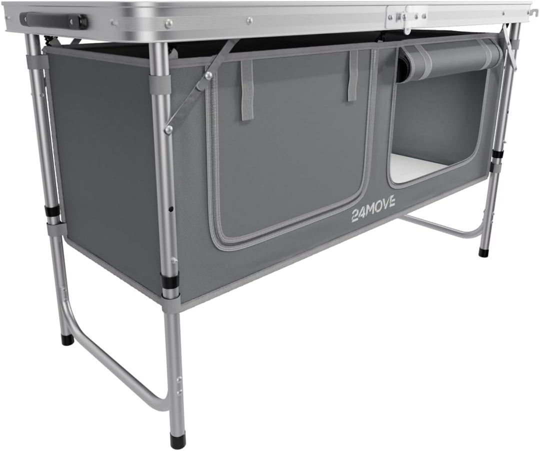 24MOVE® Campingküche faltbar, höhenverstellbarer Campingschrank Alu Reiseküche mit Arbeitsplatte und