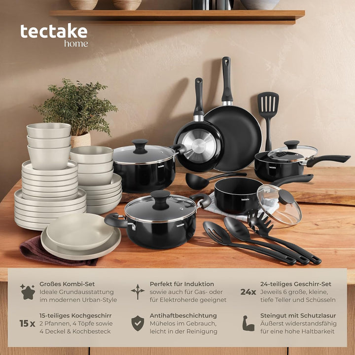 tectake® Küchenstarterset 6 Personen, Steingut Geschirr Set, Teller, 4 Töpfe 2 Pfannen rostfreies Al