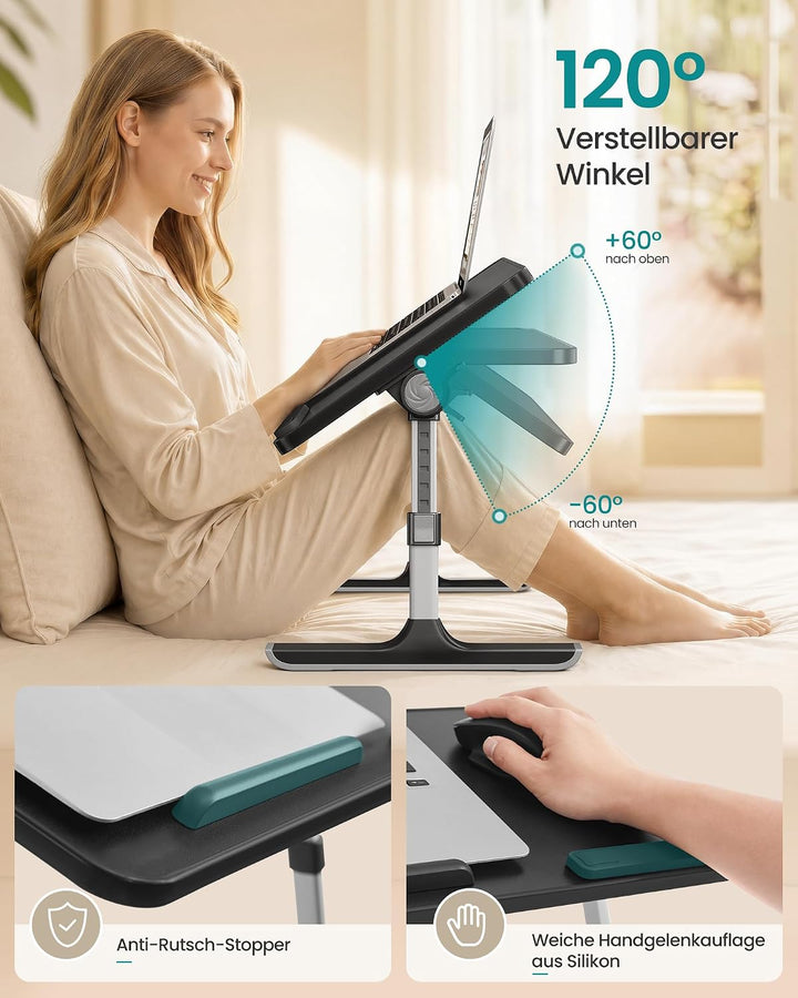SONGMICS Laptoptisch, Betttisch mit Schublade, aus Holzspanplatte, Aluminiumlegierung und ABS-Kunsts