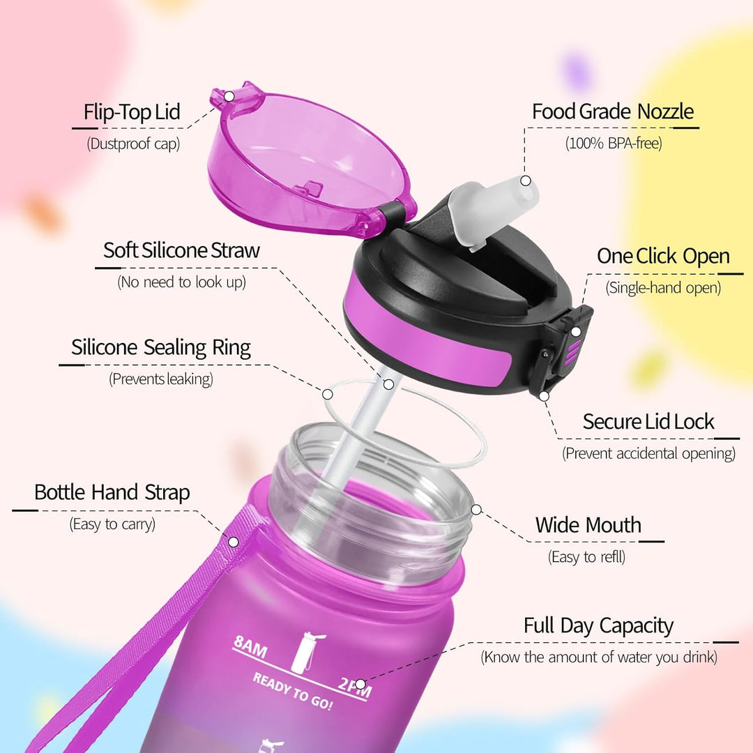 HoneyHolly Trinkflasche 1L mit Strohhalm, Trinkflasche Kohlensäure Geeignet, Wasserflasche Sport mit