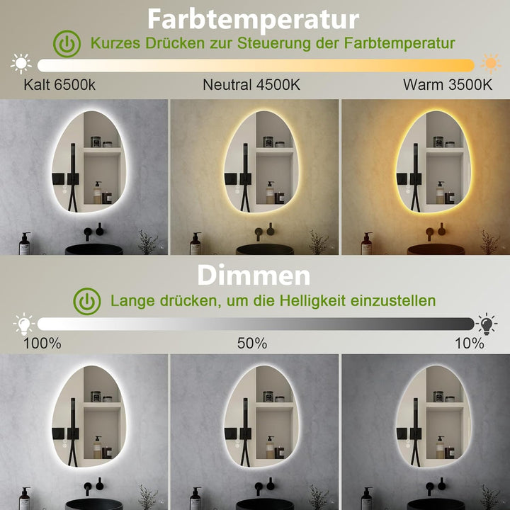 AllRight Spiegel Mit Beleuchtung Asymmetrischer LED Badspiegel mit Touch-Schalter Lichtfarben Dimmba