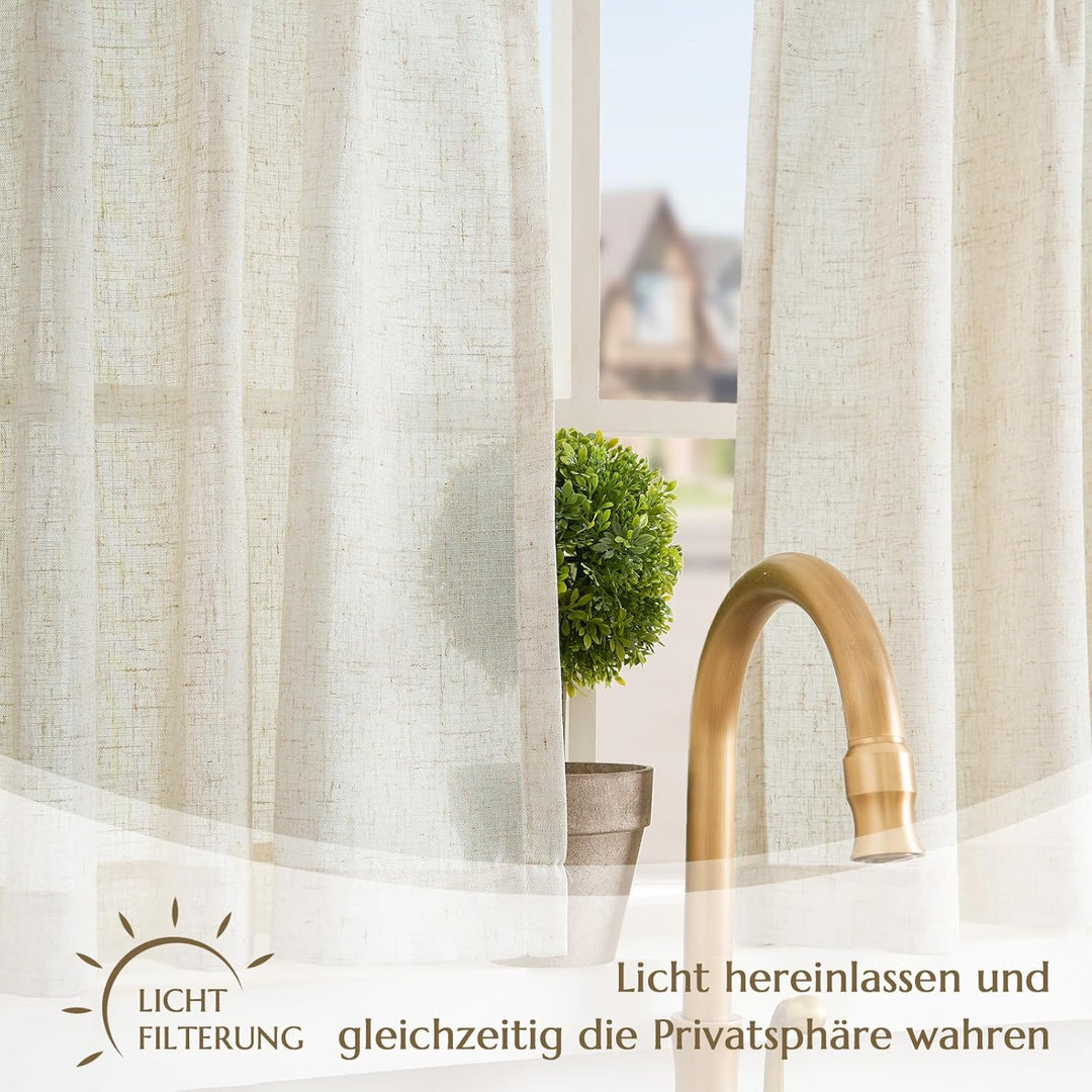 Vangao Scheibengardinen Natur Beige Modern Küche Leinenoptik Bistrogardine 2er Set 65Bx60Hcm mit Bin