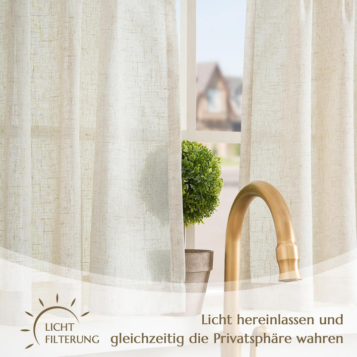 Vangao Scheibengardinen Natur Beige Modern Küche Leinenoptik Bistrogardine 2er Set 65Bx60Hcm mit Bin