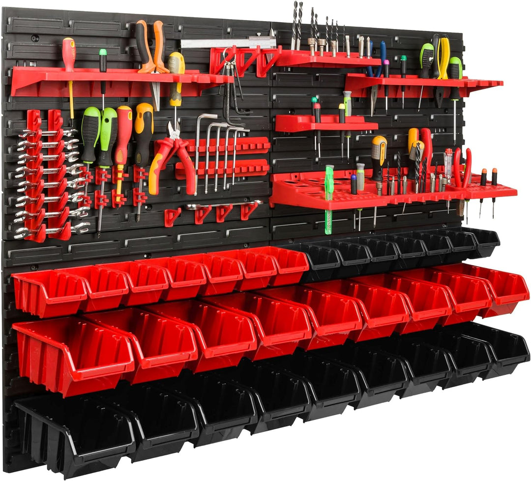Lagersystem Werkstattregal | 115 x 78 cm | 32 stck. Box | Wandregal mit Werkzeughalterungen und Stap