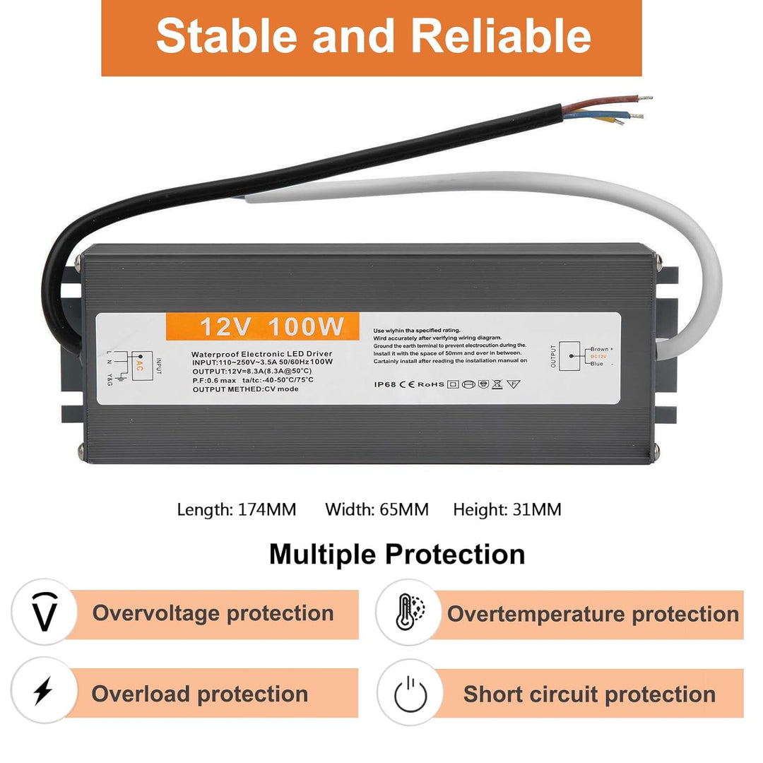 LED Trafo 12V 100W DC Netzteil Outdoor IP67 Wasserdicht Transformateur für LED Streifen, 12V 100W
