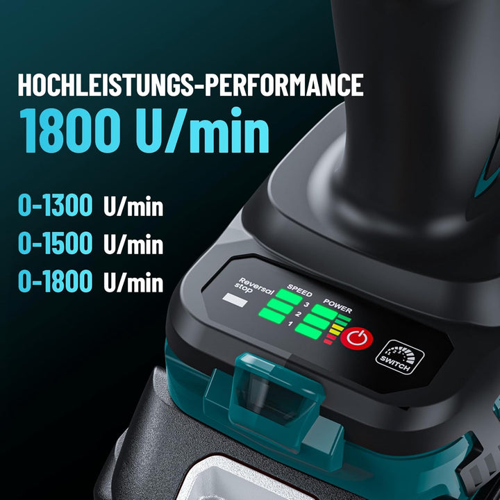 Seesii 1800Nm Akku-Schlagschrauber, 3/4 Zoll Schlagschrauber Akku Bürstenlos mit 2x5000mAh, 3-Gang-G