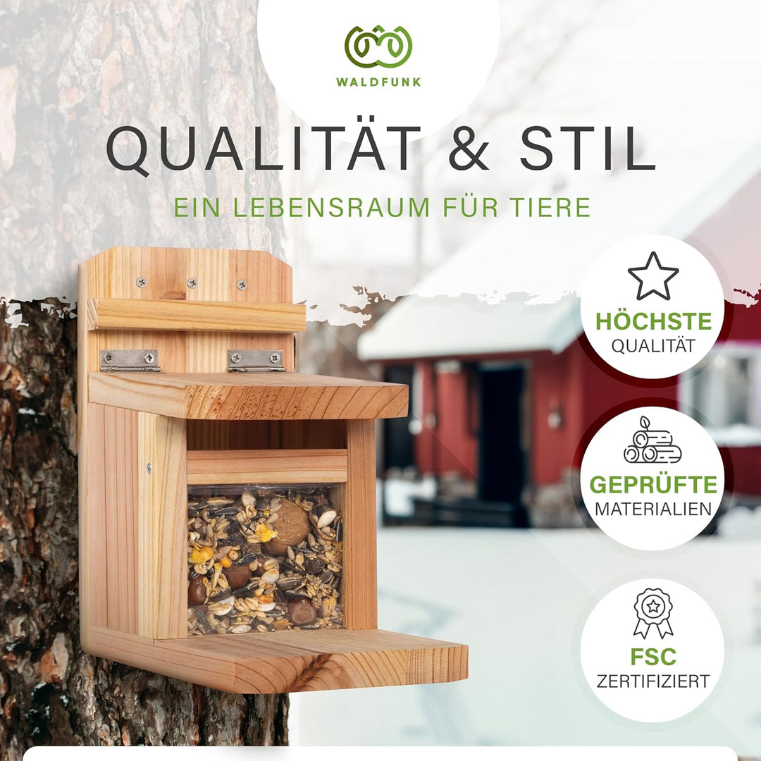 Eichhörnchen Futterstation – Wetterfestes Futterhaus aus Holz mit Belüftung, sicherer Klappmechanism