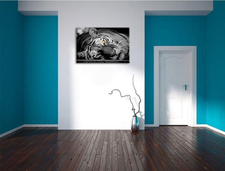 ruhender Tiger schwarz/weiss Deluxe Format: 100x70 cm auf Leinwand, XXL riesige Bilder fertig gerahm