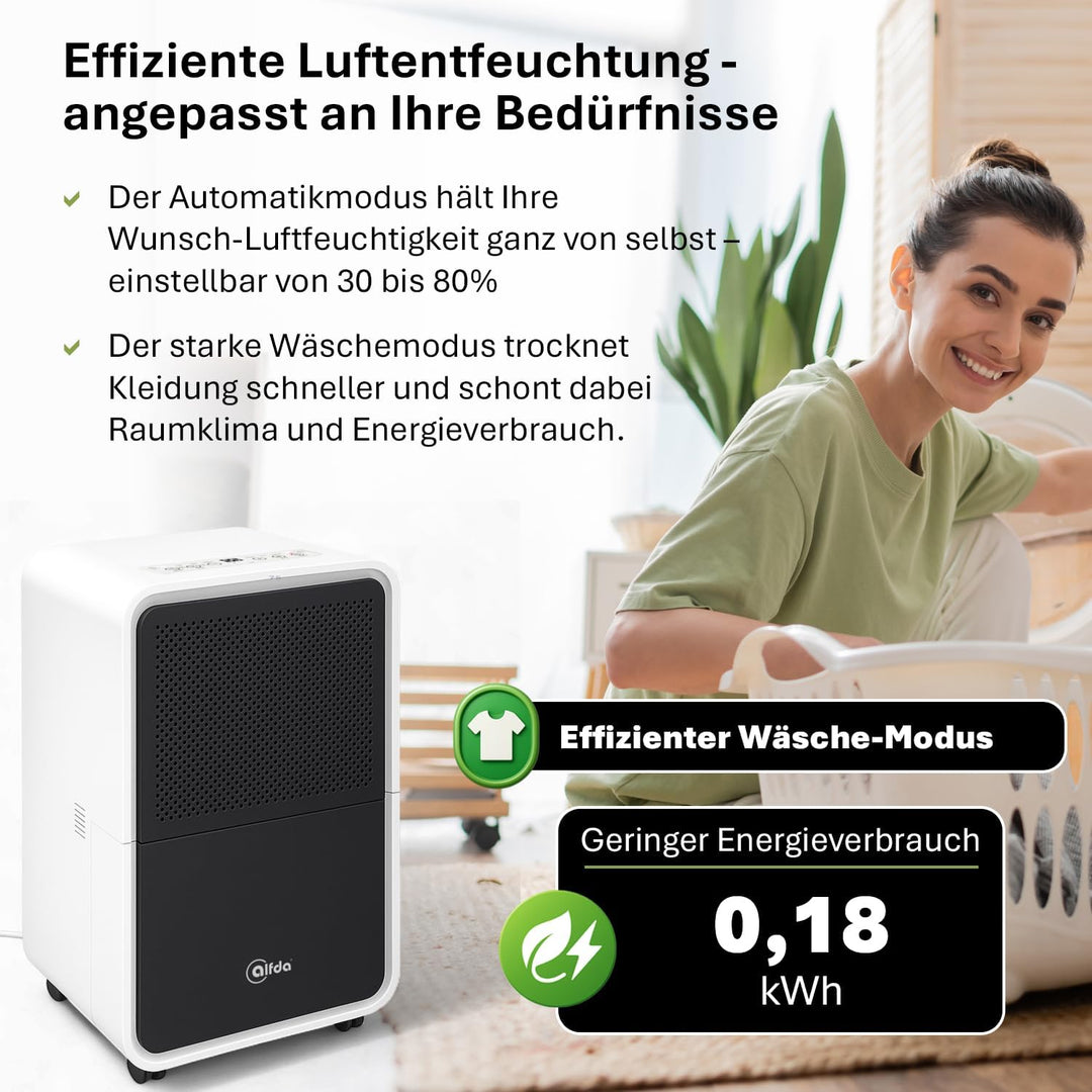 alfda AEF1200 Luftentfeuchter 12 L Tag | bis 25 m², leise & energieeffizient, Automatikprogramm, Abl