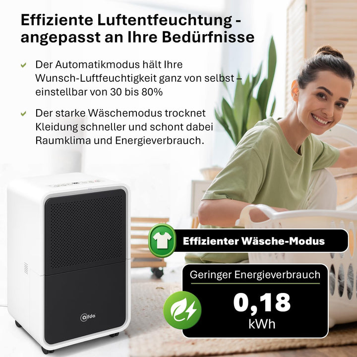 alfda AEF1200 Luftentfeuchter 12 L Tag | bis 25 m², leise & energieeffizient, Automatikprogramm, Abl
