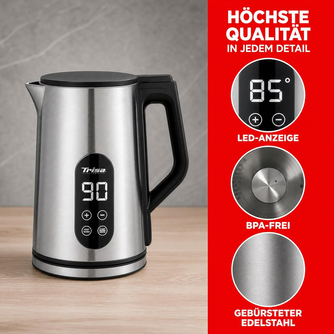 Trisa Digital Boil Doppelwandiger Wasserkocher 1,7L mit Temperatureinstellung (40-100°C), Edelstahl