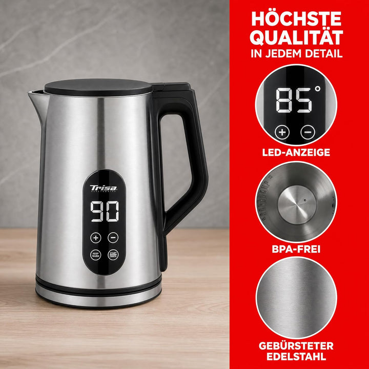 Trisa Digital Boil Doppelwandiger Wasserkocher 1,7L mit Temperatureinstellung (40-100°C), Edelstahl