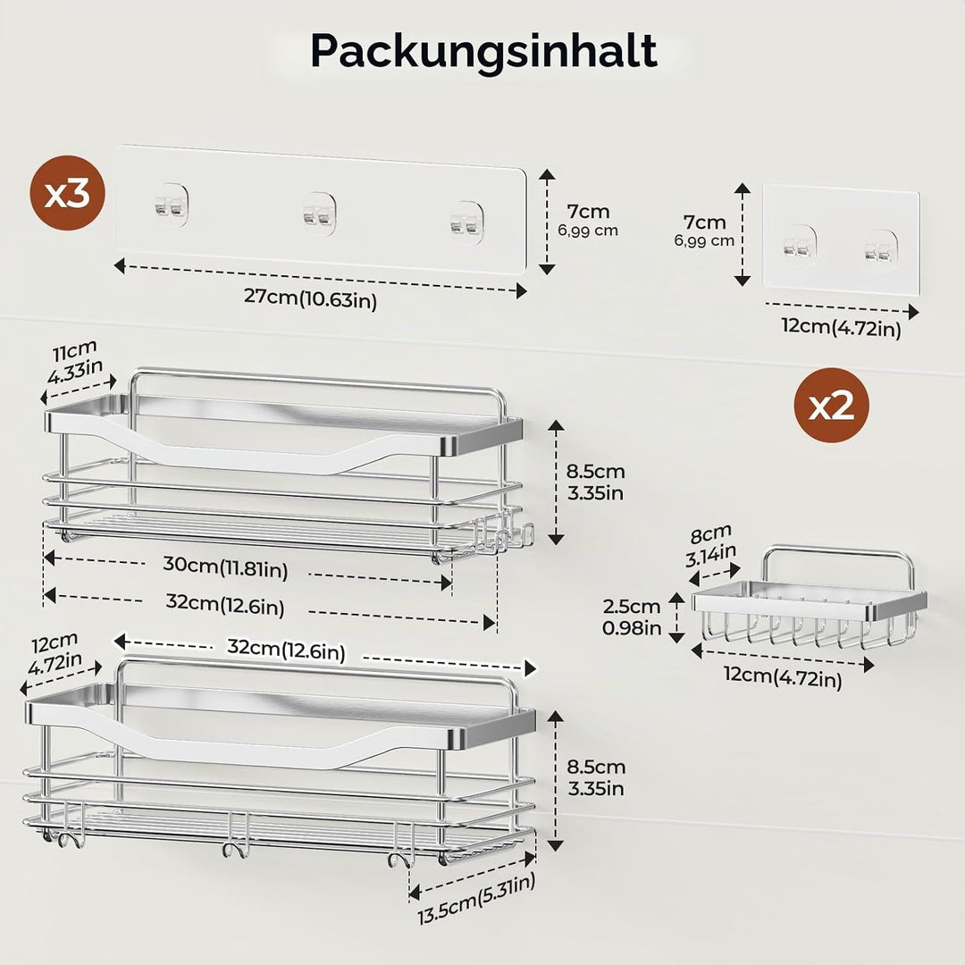 Orimade Duschablage ohne bohren mit Seifenkorb und 5 Haken - Duschregal für die Dusche Badezimmer, K