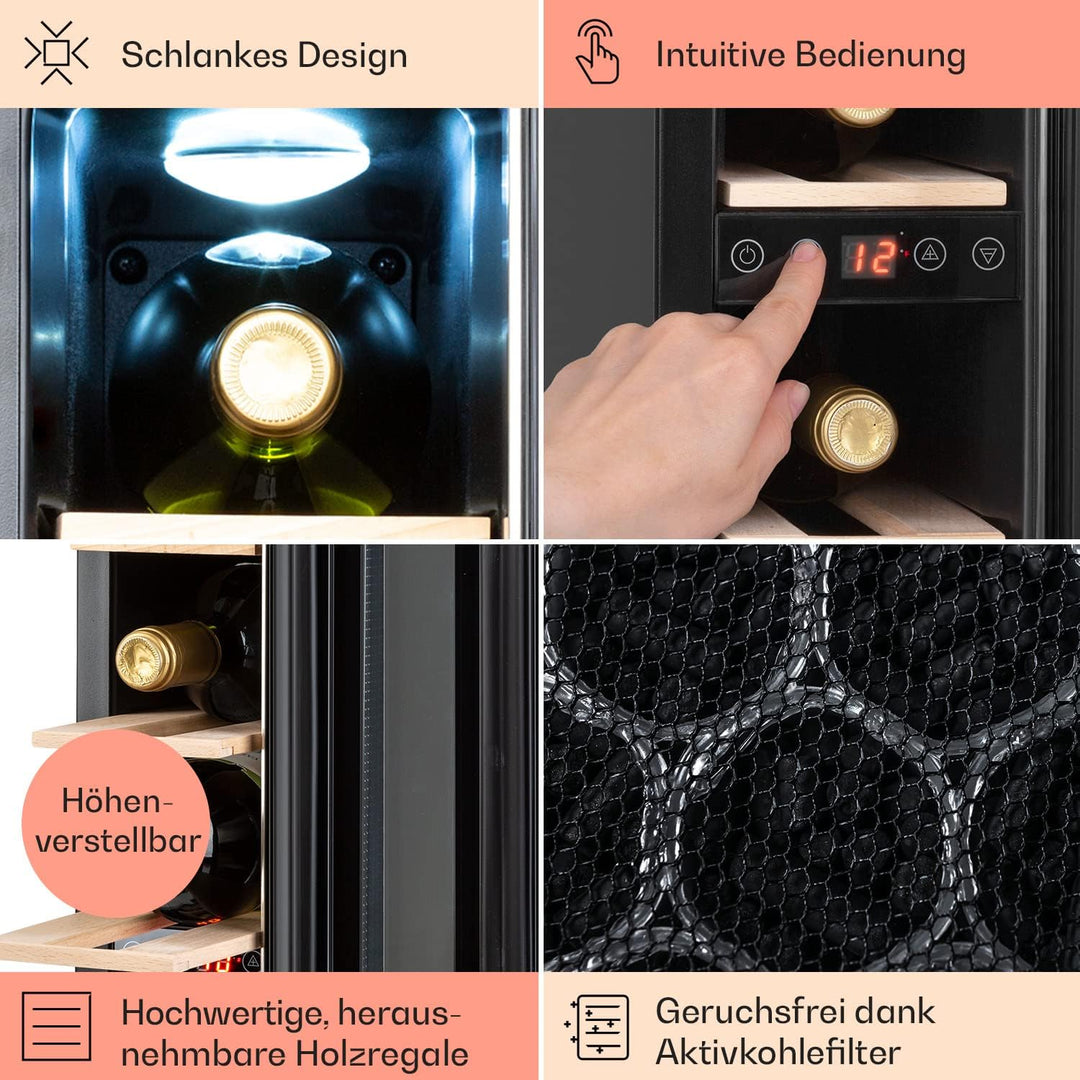Klarstein Weinkühlschrank, 1 Zonen Getränkekühlschrank, Kleiner Einbau-Weinschrank Schmal, 20L Wein-