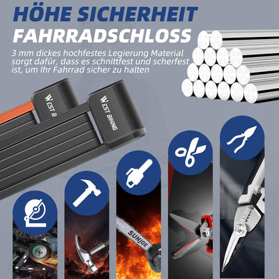 Faltschloss mit Halterung - fahrradschloss hohe sicherheit mit 80cm lang inkl 2 Schlüssel - Fahrrad
