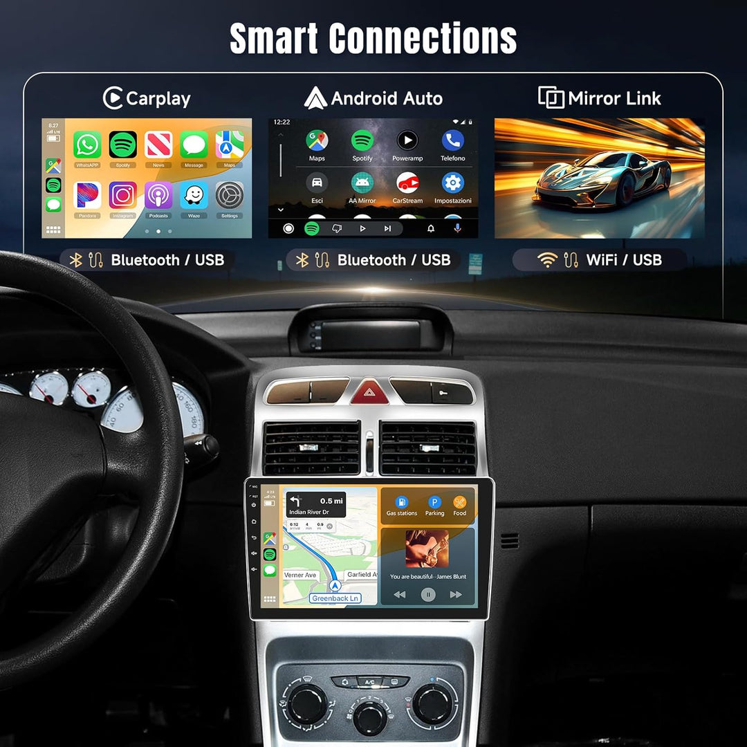 Podofo Carplay Android Autoradio für Peugeot 307 2002-2013,2G++64G,9" Touchscreen HiFi Android Auto