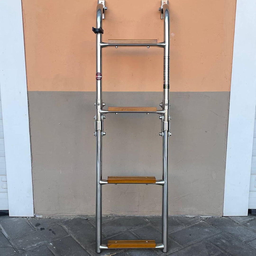 Saarwebstore Badeleiter Edelstahl mit Teak Stufen klappbar Heckmontage Bootsleiter Boot Grösse 2+2,