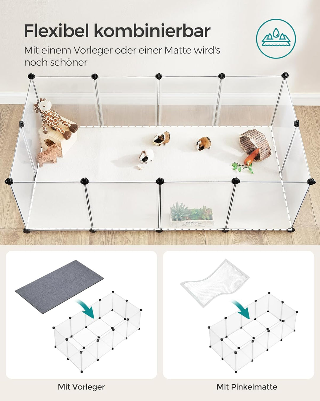 SONGMICS Freigehege mit Bodenplatten, Laufstall, Meerschweinchen Gehege, aus Kunststoff, Gehege für