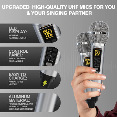 Upgrade Karaoke Maschine für Erwachsene und Kinder, tragbares Bluetooth 2 UHF drahtloses Karaoke Mik