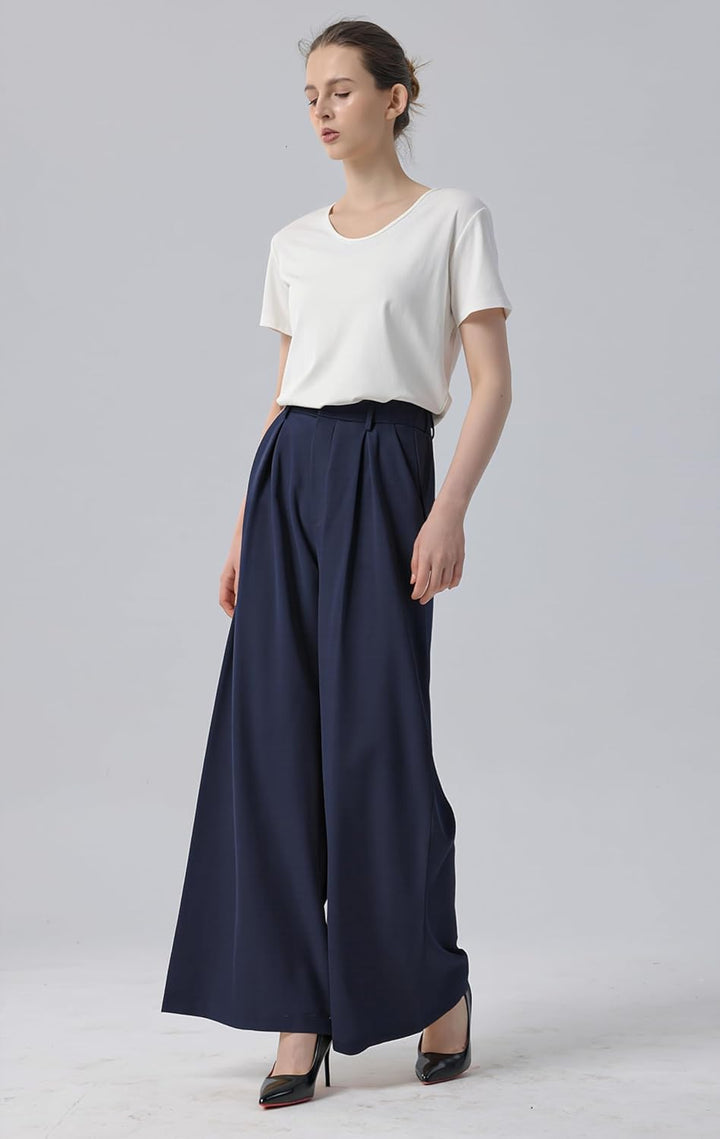 Tronjori Damen Hose Weites Bein Frauen Lange Hose mit Taschen Einfarbig Lose elastische Hohe Taille