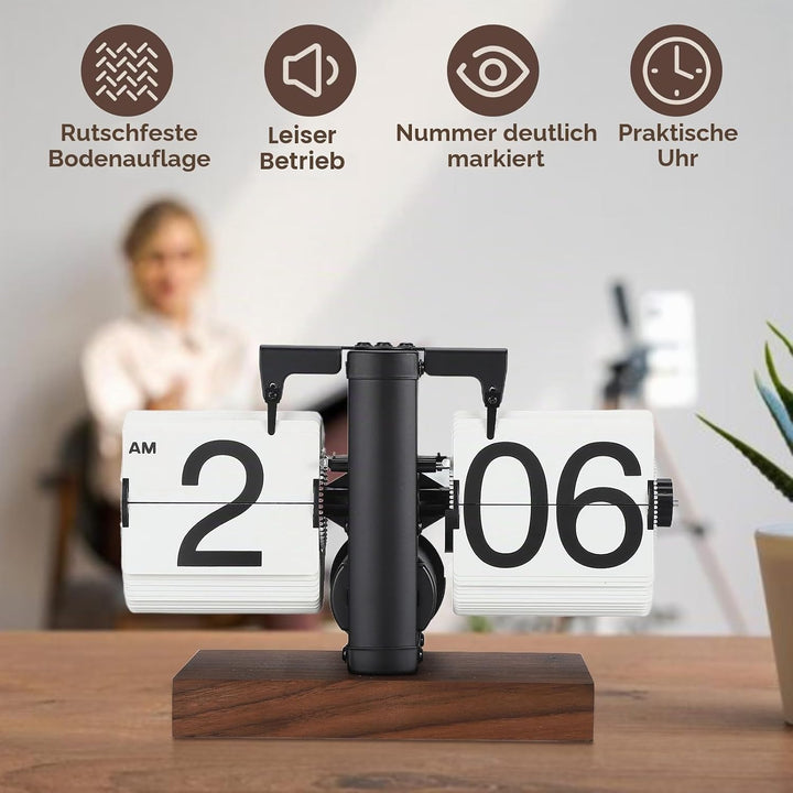 Digitale Flip-Down-Uhr, 12 Stunden Flip Uhr Retro mit Holzsockel und grosse Zahlenanzeige Tischuhr V