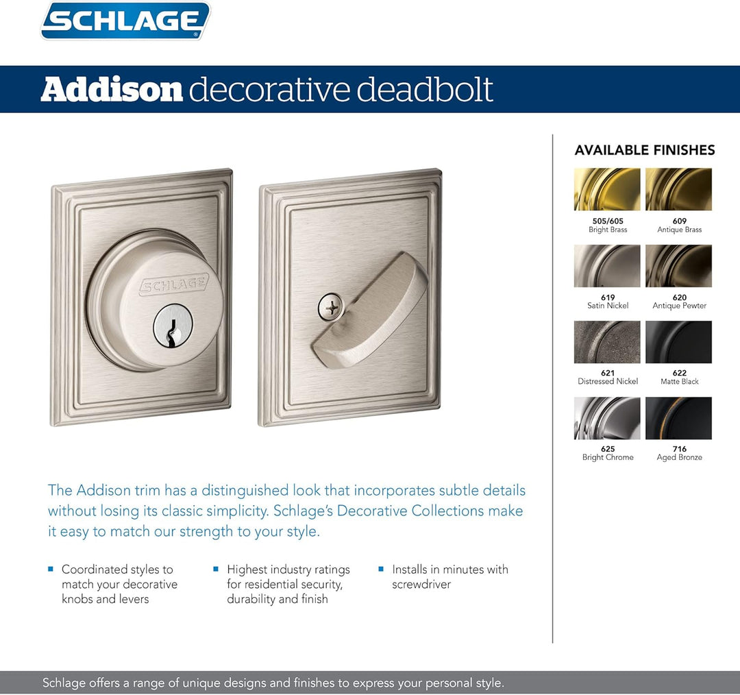 Schlage Riegelschloss mit Addison Zierleiste, Nickel satiniert (B60 N ADD 619) Satin / Nickelfarben