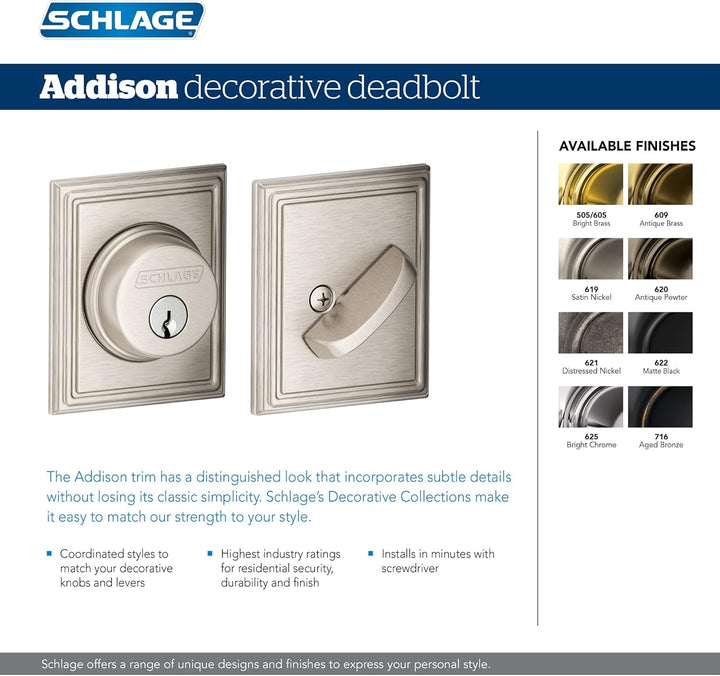 Schlage Riegelschloss mit Addison Zierleiste, Nickel satiniert (B60 N ADD 619) Satin / Nickelfarben