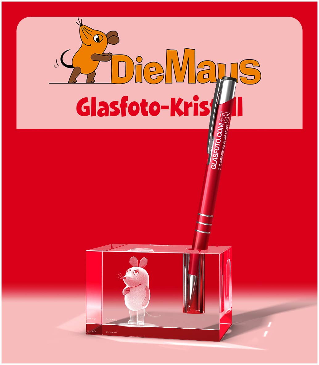 GLASFOTO.COM Original Die Sendung mit der Maus Stifthalter - Kristallglas mit 3D Innengravur - 80 x