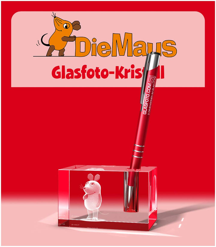 GLASFOTO.COM Original Die Sendung mit der Maus Stifthalter - Kristallglas mit 3D Innengravur - 80 x
