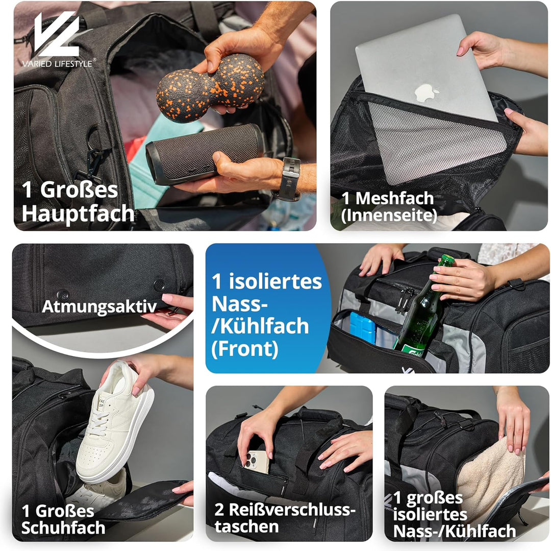 VL® Sporttasche mit Schuhfach, Nassfach & [Isoliertes Kühlfach] Saunatasche & Reisetasche für Damen