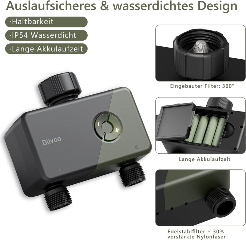 Diivoo Bewässerungscomputer WLAN 2 Ausgänge mit RFID-Gateway, Smart Wasserzeitschaltuh mit App, 6 Be