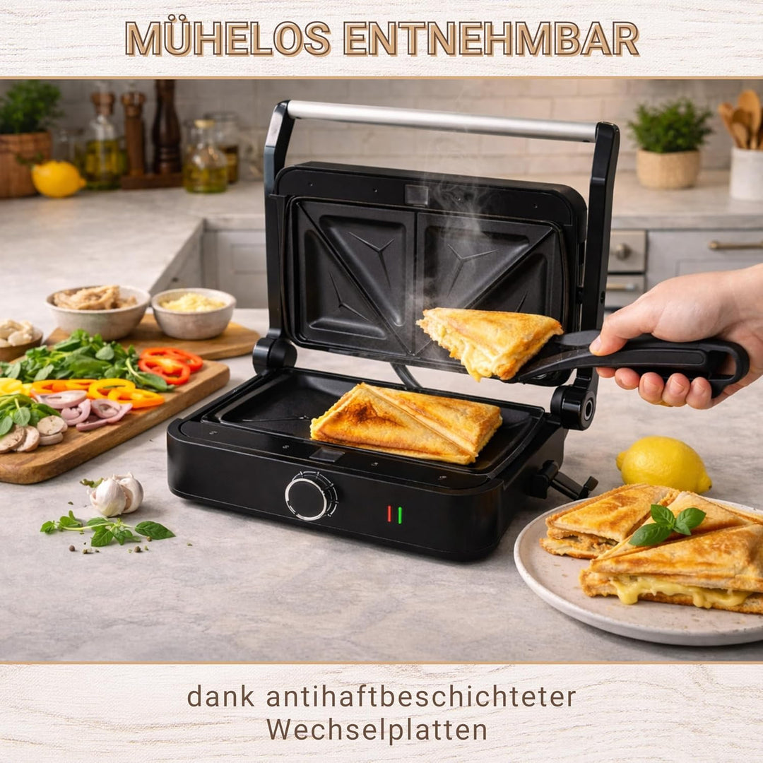Syntrox Sandwichmaker Kombigerät Multifunktionsmaker mit Wechselplatten, Kontaktgrill Edelstahl, Mul