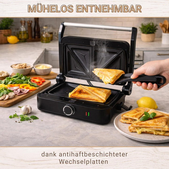 Syntrox Sandwichmaker Kombigerät Multifunktionsmaker mit Wechselplatten, Kontaktgrill Edelstahl, Mul