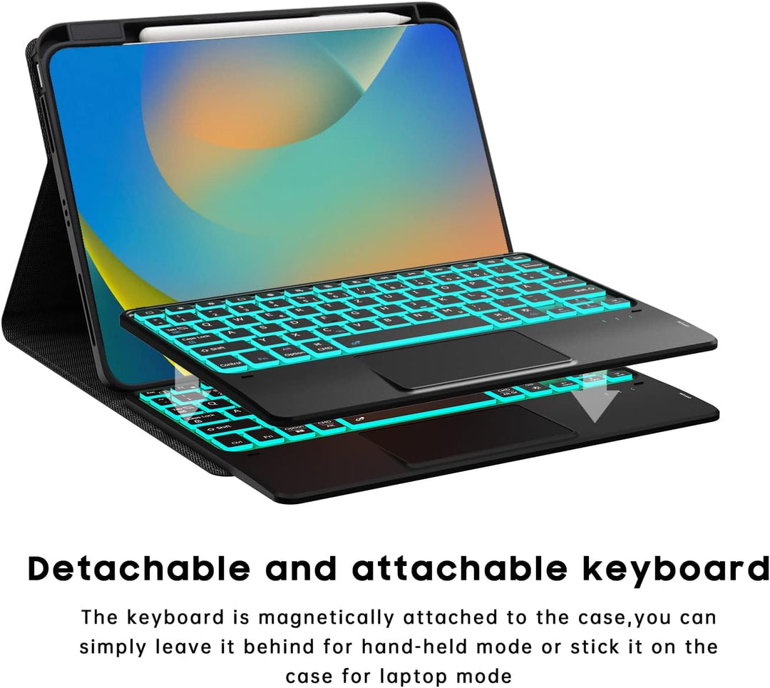 ROOFEI iPad 10. Generation Hülle mit Tastatur QWERTZ - 7 Farbige Hintergrundbeleuchtete Multi-Touch-