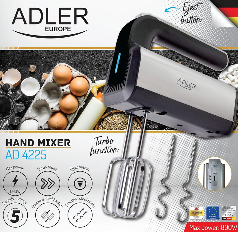 ADLER AD 4225 INOX Handmixer, 800 W, Küchenmaschine, Mixer mit 3 Funktionen, Handrührgerät, Handrühr