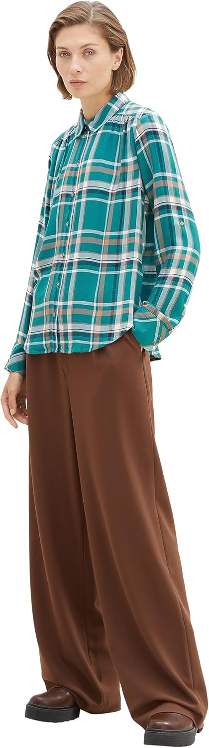 TOM TAILOR Damen Bluse mit Karomuster & Turn-Up Ärmel, 33993 - Teal Beige Check
