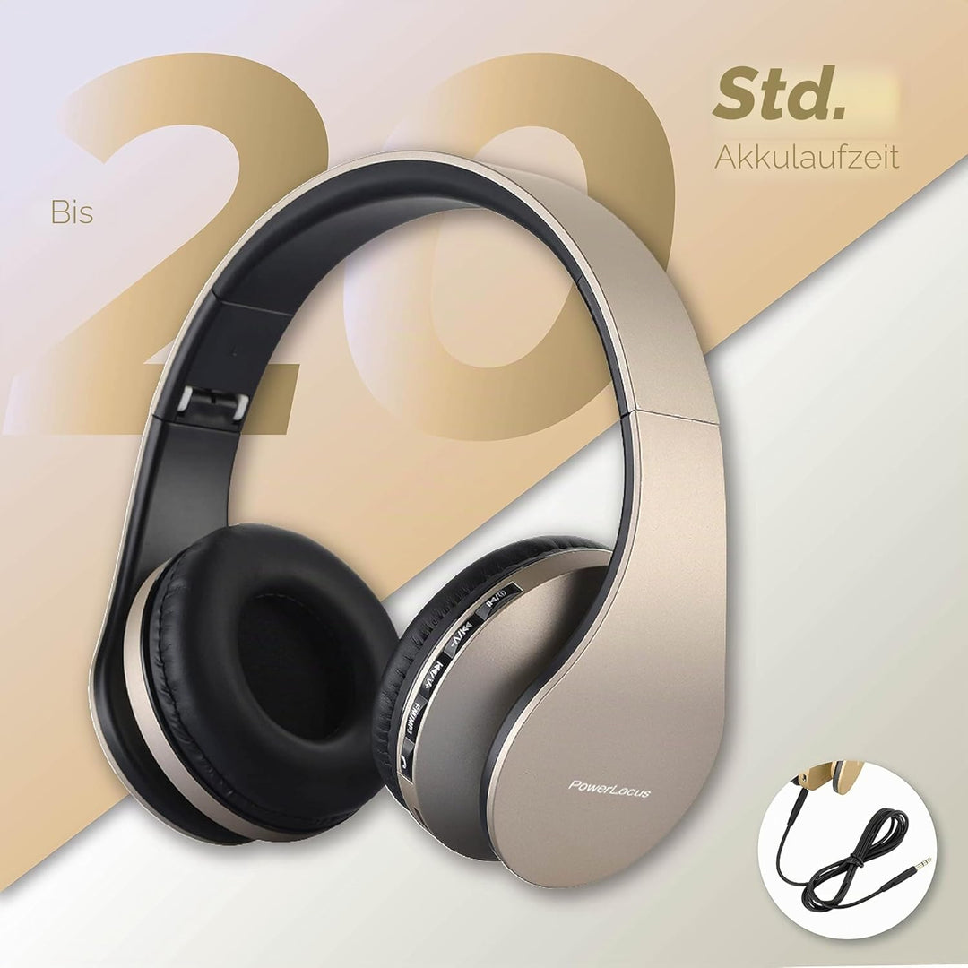 PowerLocus Bluetooth Kopfhörer Over Ear, Kabellose Kopfhörer, HiFi Stereo, Faltbare Kopfhörer mit Mi