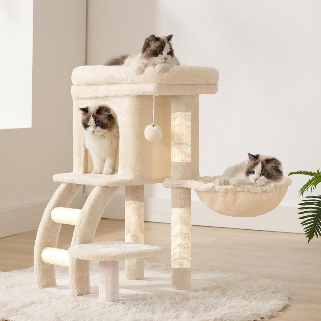 Heybly Katzenbaum, kleiner Kratzbaum für Katzen, 75 cm hoch, mit oberer Plattform, Hängematte, Klett