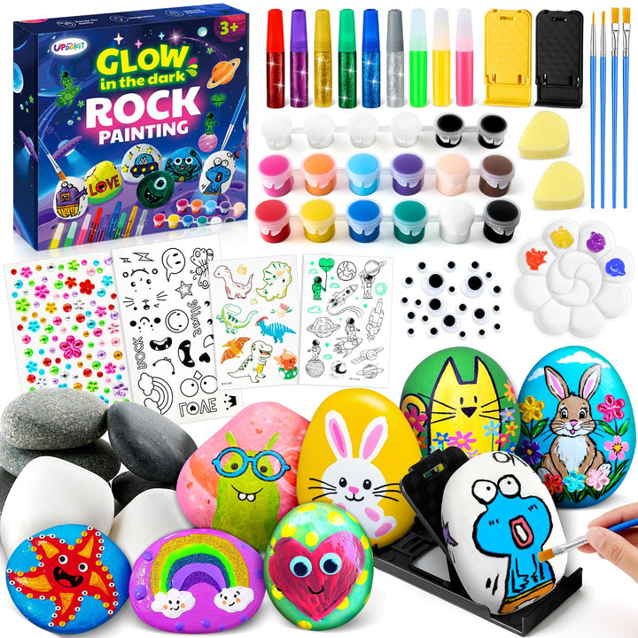 UPDOKIT Steine Bemalen Set Kinder, Bastelset Kinder ab 6 7 8 9 10 Jahre mit Leuchtfarbe &amp; Aufklebern