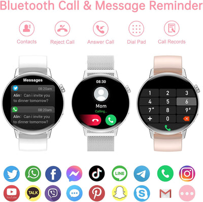 Erkwei Smartwatch Damen mit Bluetooth Anrufe 1,32 Zoll Touchscreen Damenuhr für iPhone Android Fitne