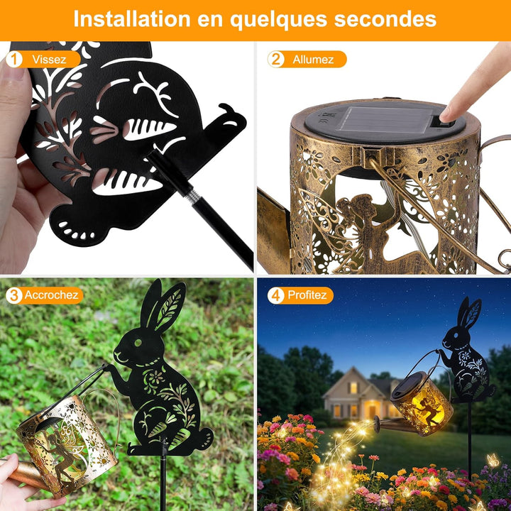 Solargiesskanne-Licht mit Hasen-Silhouette-Stecker & Feendesign – Kaskaden-LED-Lichterkette für Gart