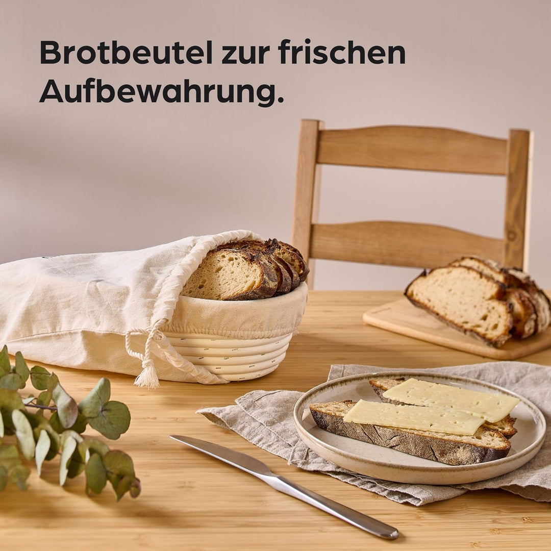 Praknu Gärkorb Oval 28cm - Set mit Bürste, Leinentuch & Brotbeutel - Brotkorb aus nachhaltigem Ratta