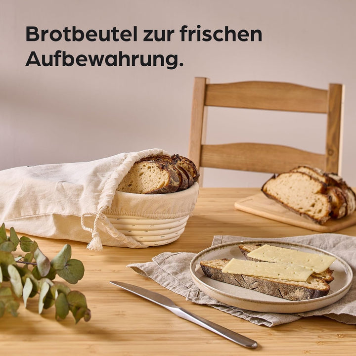 Praknu Gärkorb Oval 28cm - Set mit Bürste, Leinentuch & Brotbeutel - Brotkorb aus nachhaltigem Ratta