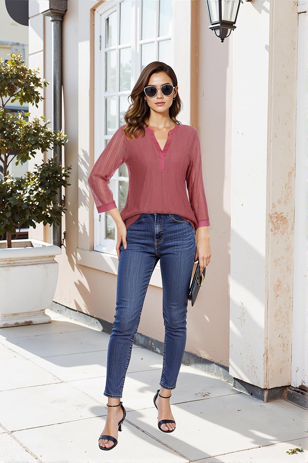 Vafoly Damen 3/4 Ärmel Oberteil Henley V-Ausschnitt Hemden doppellagig Mesh Bluse Tuniken XL Rosa, X