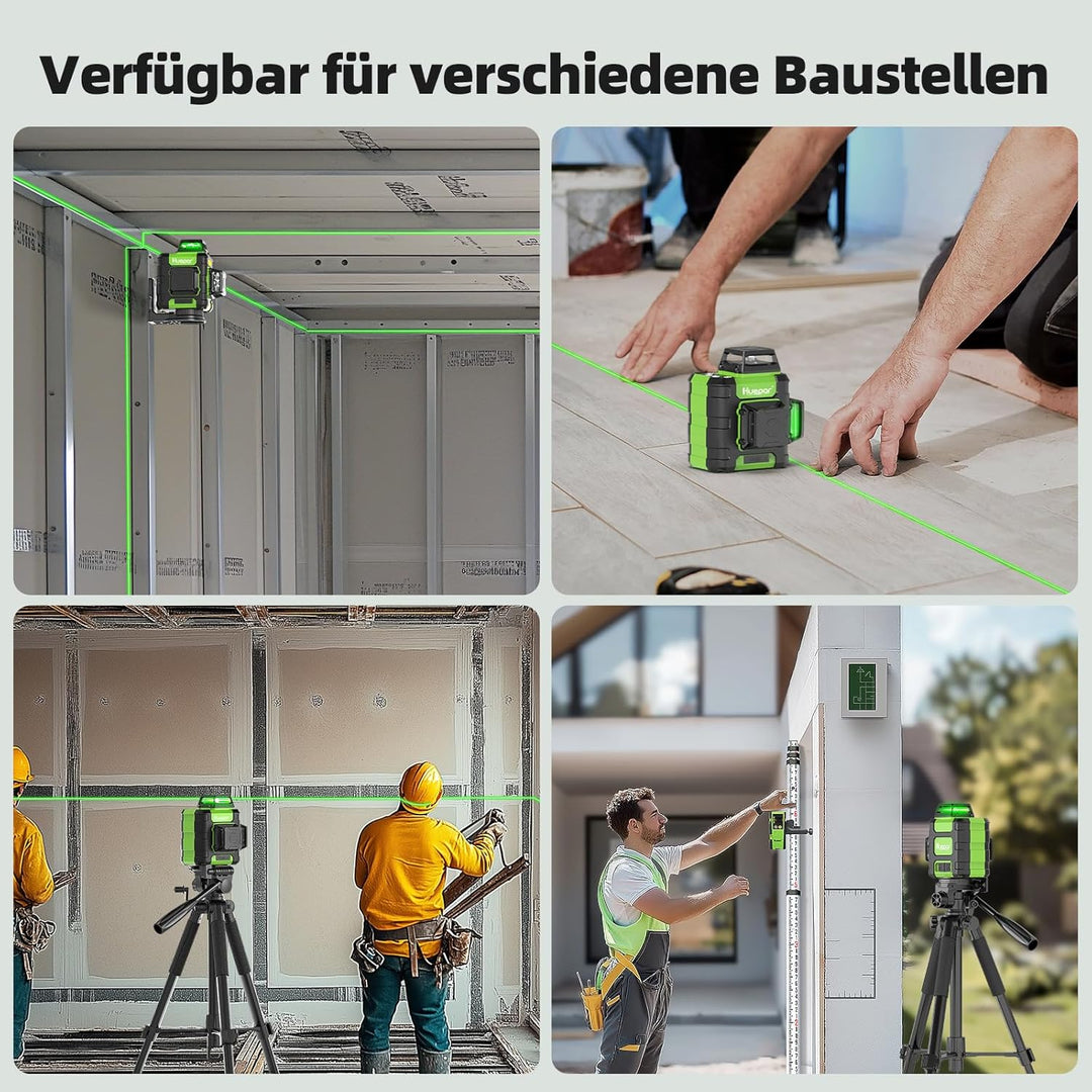 Huepar Kreuzlinienlaser 360 grün, selbstnivellierend, wiederaufladbar, Laser Wasserwaage 3x360°, 3D-