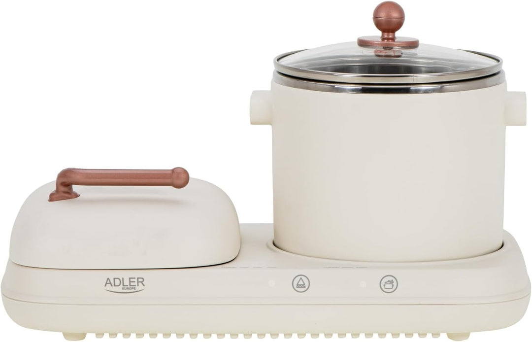 ADLER EUROPE AD 6421 Frühstücksstation 2-in-1 mit 1,0-L Kochtopf und Antihaft-Grillfläche | Retro De