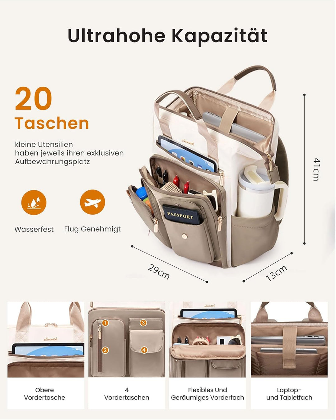 LOVEVOOK Rucksack Damen, 15,6 Zoll Laptop Schulrucksack Wasserdicht Mit 20 Taschen und Grossem Fach