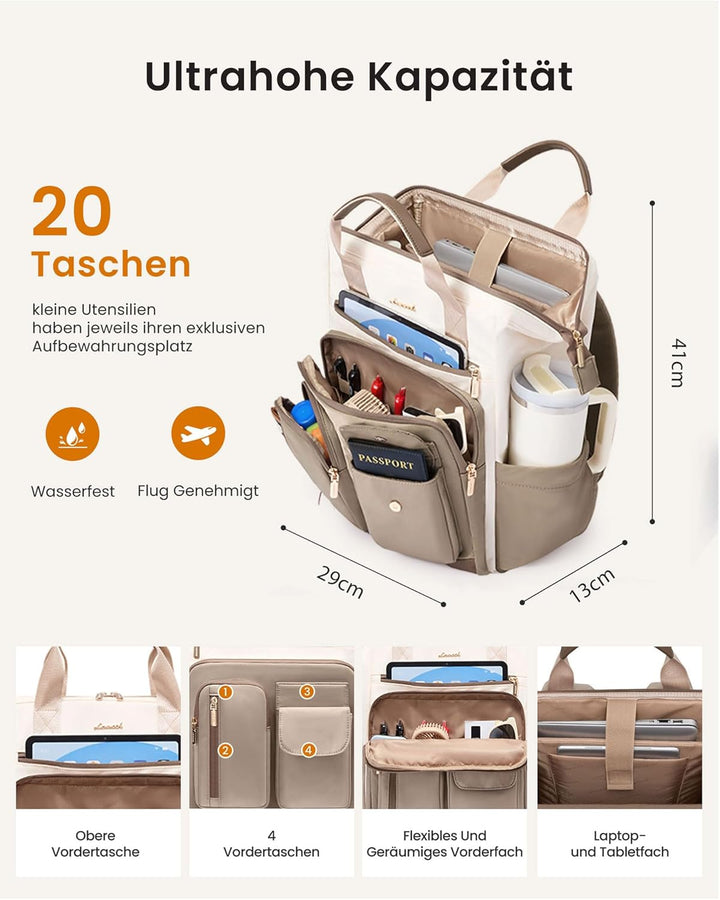 LOVEVOOK Rucksack Damen, 15,6 Zoll Laptop Schulrucksack Wasserdicht Mit 20 Taschen und Grossem Fach