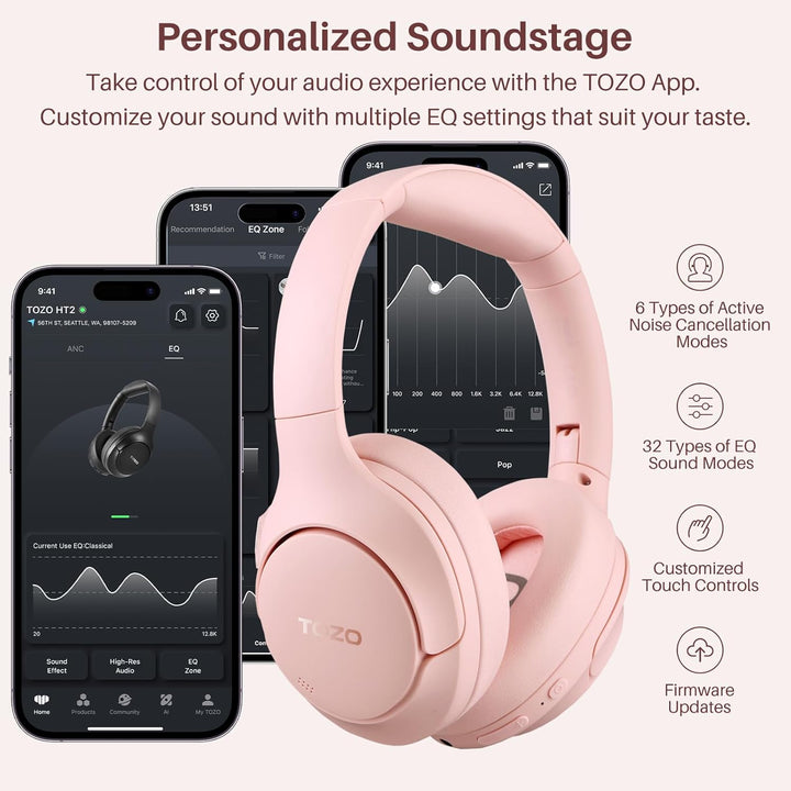 TOZO HT2 Over Ear Kopfhörer Bluetooth,Hybrid Active Noise Cancelling Kopfhörer,Kopfhörer Kabellos Bl